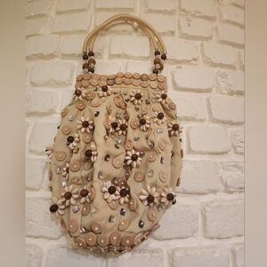 Sun N Sand Tan Wood Bead Floral Embellished Pouch Style Bag